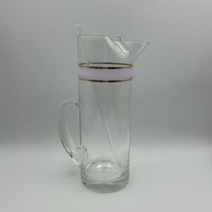 VTG MCM Clear Glass Juice Pitcher w/ Lavender & Gold Band‎ w/ Glass Stir Stick